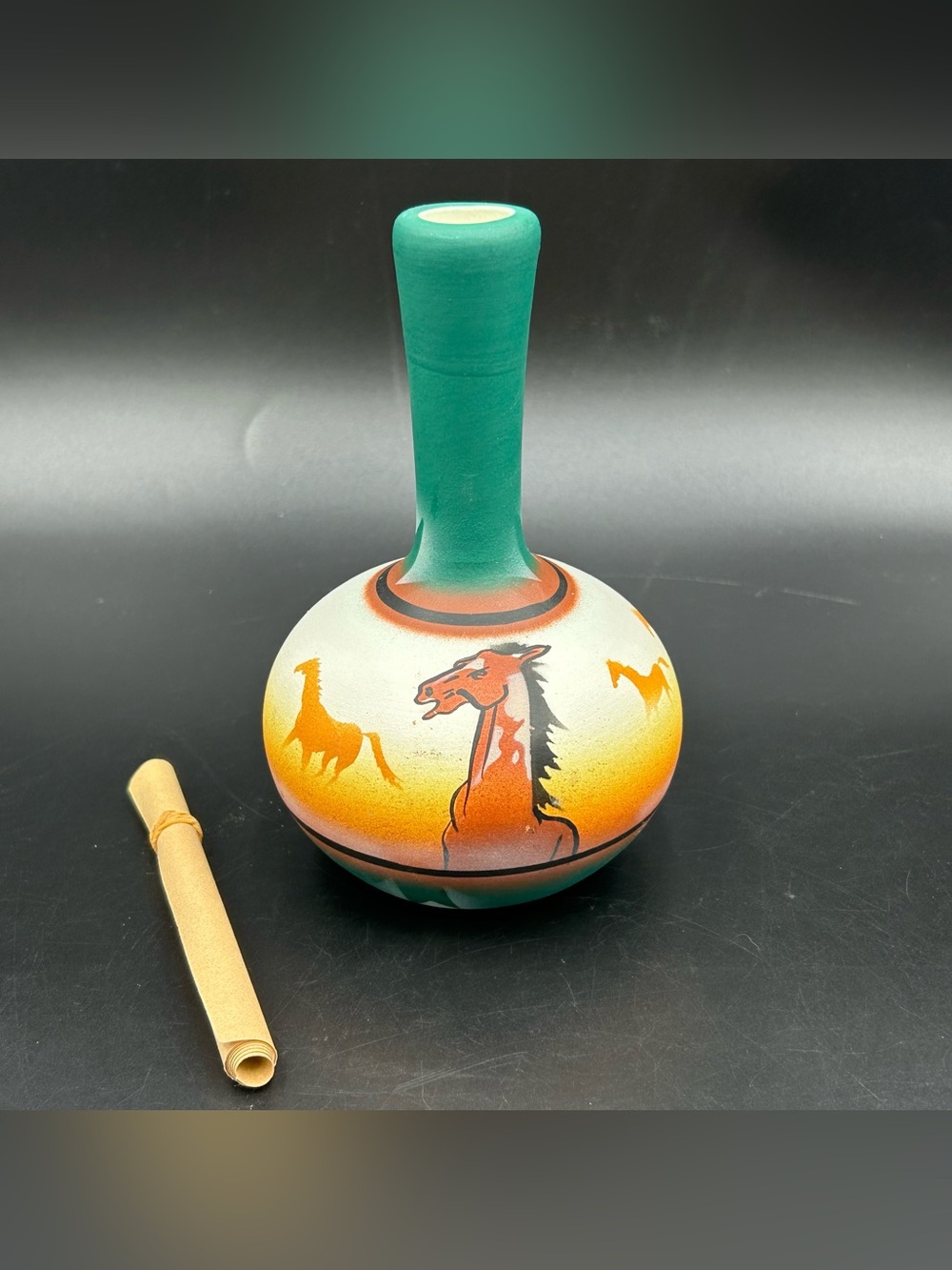 RWA 1999 Native American Horse Vase Flute Vessel Pottery Southwest Art 5.5”